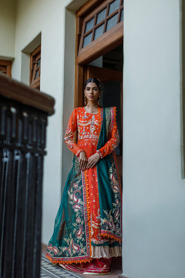 Wahajmkhan | Bahar Begum Formals | BURNT & EMERALD SHAWL ANARKALI by Wahaj M.Khan - Designer Dress - Type: Ladies Clothes - Available at Libayah - 100% Original