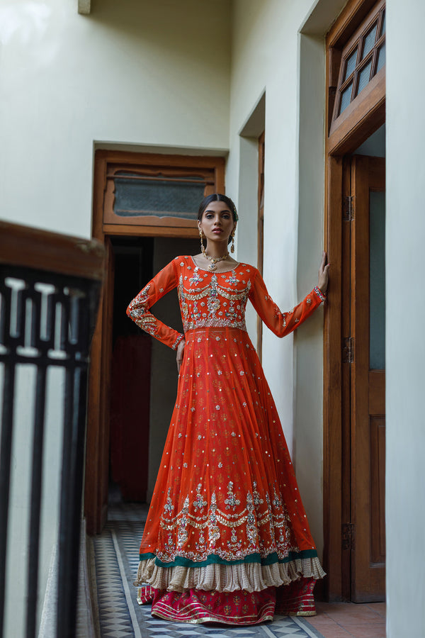 Wahajmkhan | Bahar Begum Formals | BURNT & EMERALD SHAWL ANARKALI by Wahaj M.Khan - Designer Dress - Type: Ladies Clothes - Available at Libayah - 100% Original