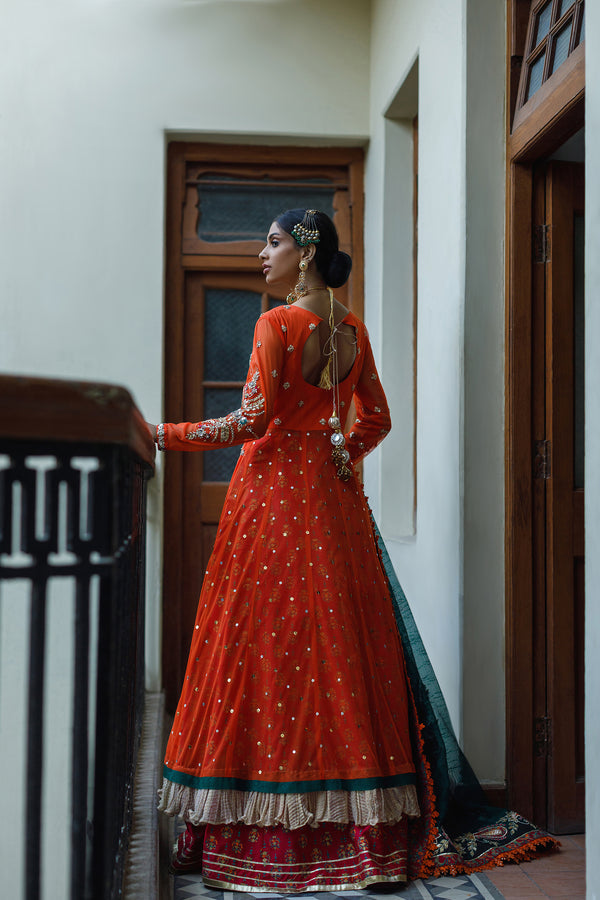 Wahajmkhan | Bahar Begum Formals | BURNT & EMERALD SHAWL ANARKALI by Wahaj M.Khan - Designer Dress - Type: Ladies Clothes - Available at Libayah - 100% Original
