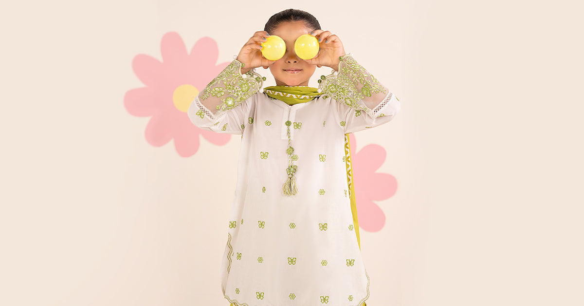 kids-clothes-mkd-ea26-14-white-and-neon-green by Maria B Kids - Designer Dress  - Type : KidsClothes - Available at Libayah - 100% Original 