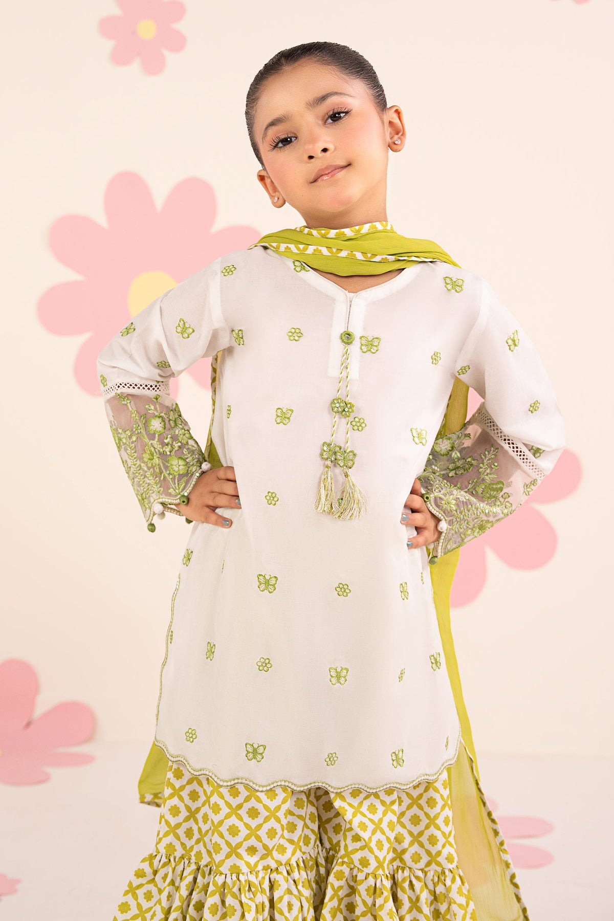 kids-clothes-mkd-ea26-14-white-and-neon-green by Maria B Kids - Designer Dress  - Type : KidsClothes - Available at Libayah - 100% Original 