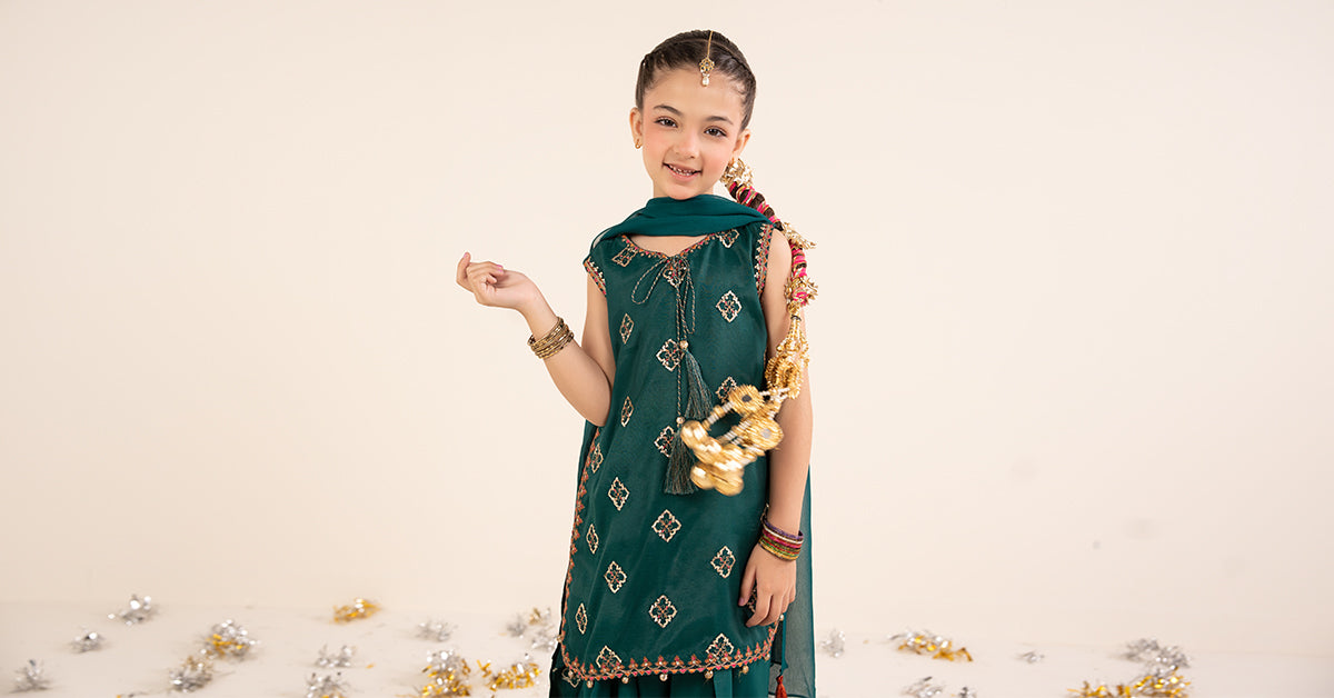 kids-clothes-mks-ef26-14-bottle-green by Maria B Kids - Designer Dress  - Type : KidsClothes - Available at Libayah - 100% Original 