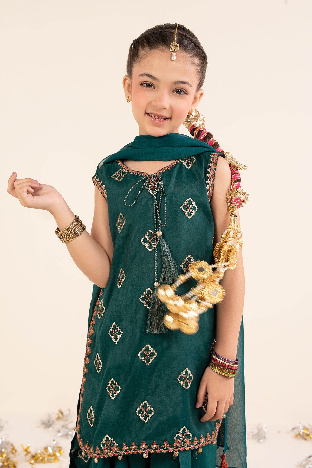 kids-clothes-mks-ef26-14-bottle-green by Maria B Kids - Designer Dress  - Type : KidsClothes - Available at Libayah - 100% Original 