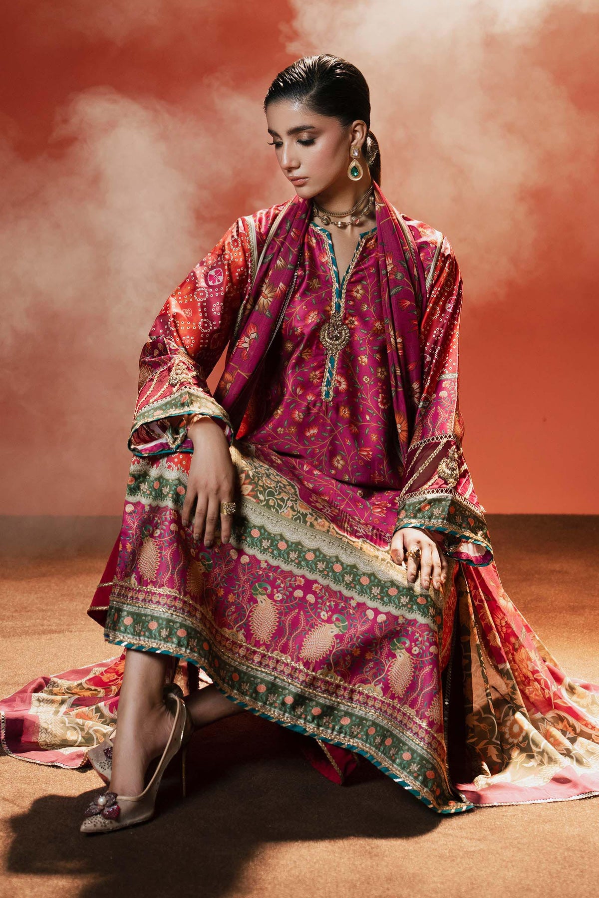 Maria B | Luxury Pret Pre Fall | MPS-EF26-01R1-Pink and Orange by Maria B - Designer Dress  - Type : Ladies Clothes - Available at Libayah - 100% Original 