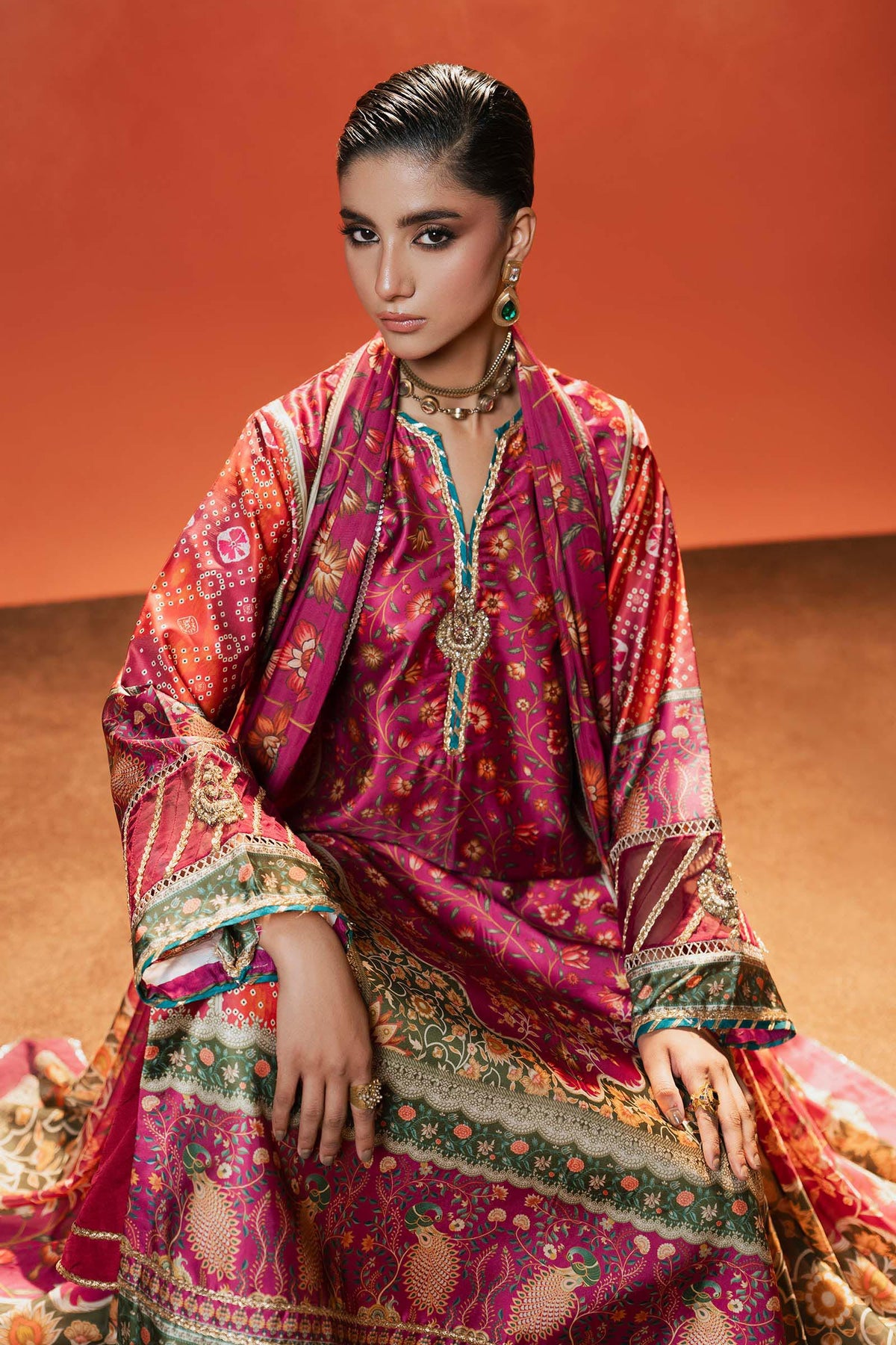 Maria B | Luxury Pret Pre Fall | MPS-EF26-01R1-Pink and Orange by Maria B - Designer Dress  - Type : Ladies Clothes - Available at Libayah - 100% Original 