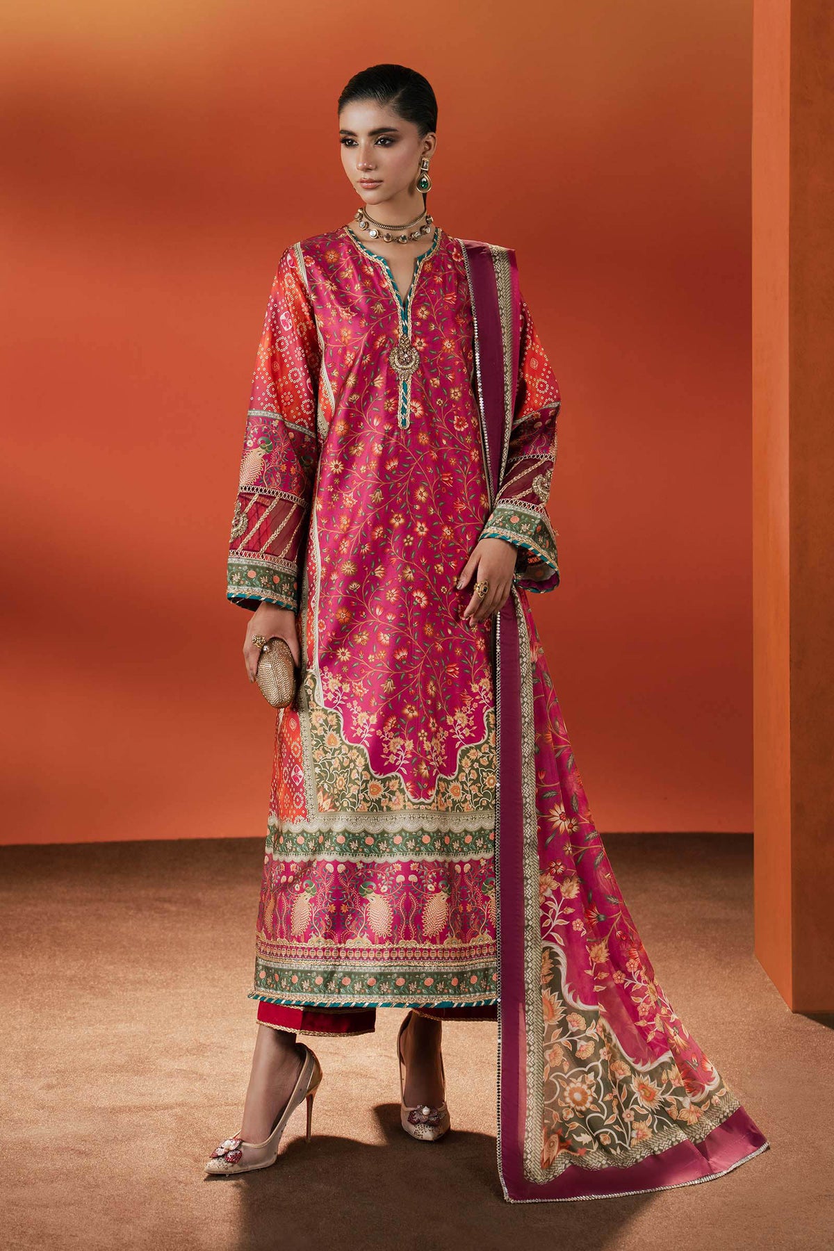Maria B | Luxury Pret Pre Fall | MPS-EF26-01R1-Pink and Orange by Maria B - Designer Dress  - Type : Ladies Clothes - Available at Libayah - 100% Original 