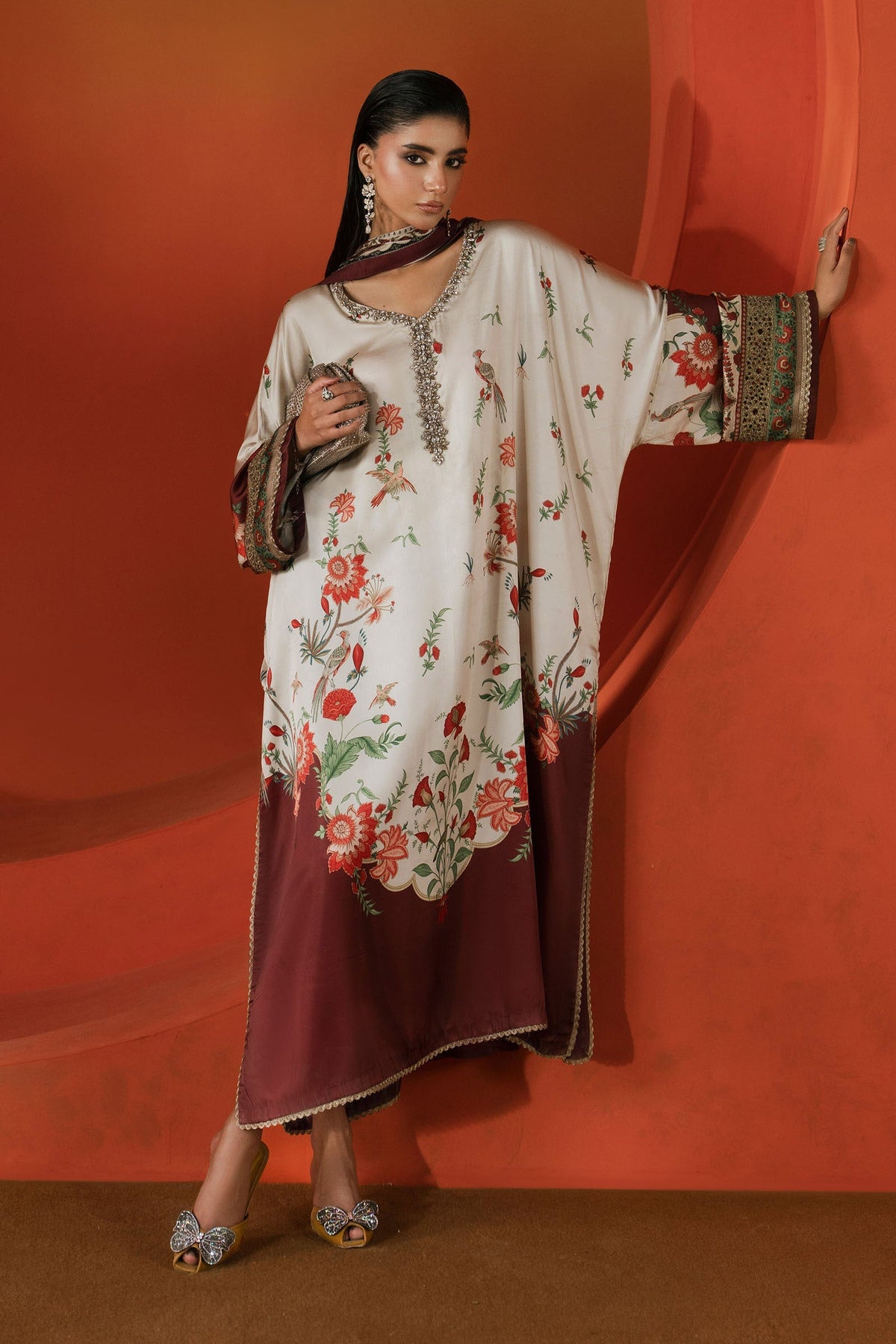 Maria B | Luxury Pret Pre Fall | MPS-EF26-03R1-Beige and Maroon by Maria B - Designer Dress  - Type : Ladies Clothes - Available at Libayah - 100% Original 