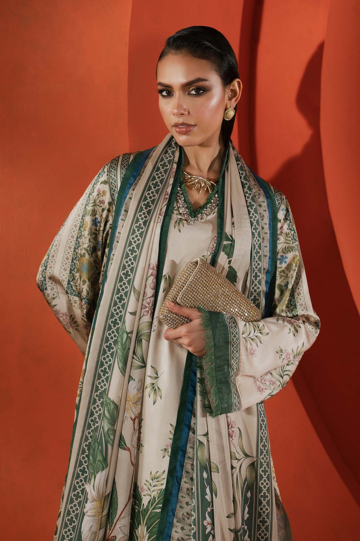 Maria B | Luxury Pret Pre Fall | MPS-EF26-10R1-Beige and Green by Maria B - Designer Dress  - Type : Ladies Clothes - Available at Libayah - 100% Original 