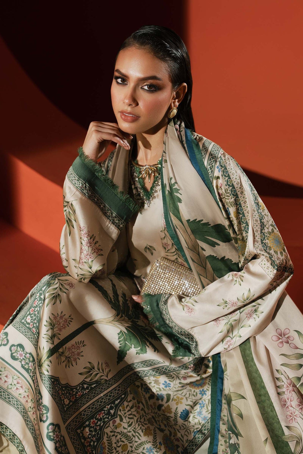 Maria B | Luxury Pret Pre Fall | MPS-EF26-10R1-Beige and Green by Maria B - Designer Dress  - Type : Ladies Clothes - Available at Libayah - 100% Original 