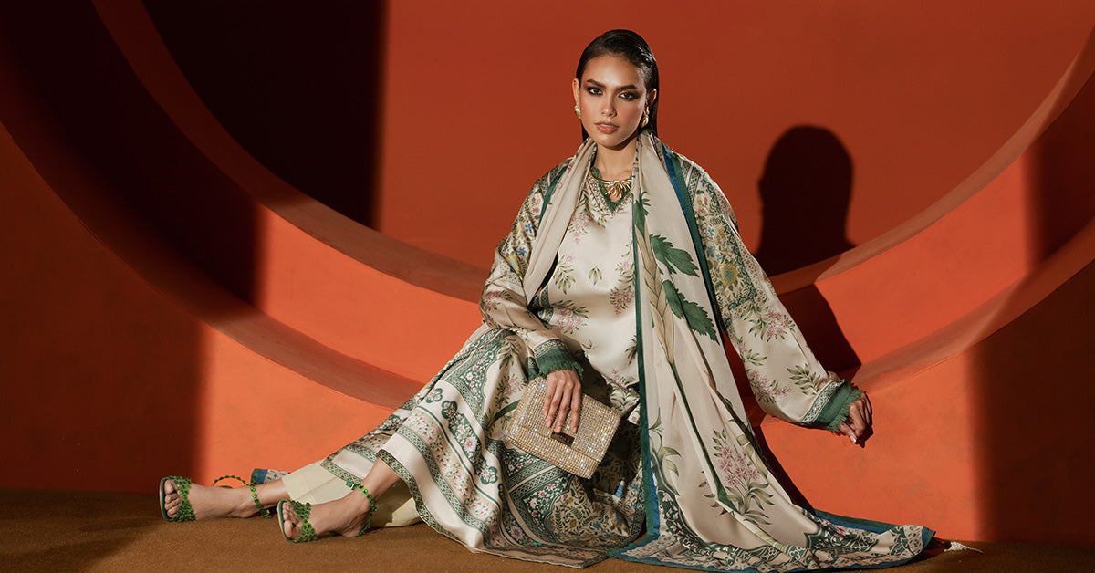 Maria B | Luxury Pret Pre Fall | MPS-EF26-10R1-Beige and Green by Maria B - Designer Dress  - Type : Ladies Clothes - Available at Libayah - 100% Original 