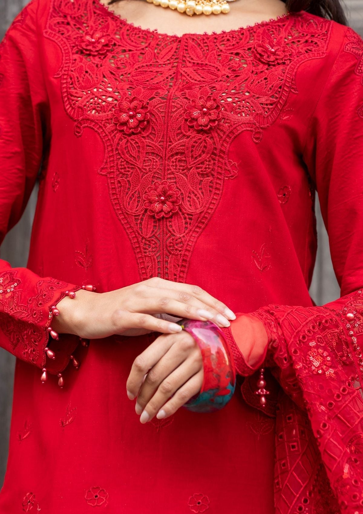 Meem | Luxury Eid Lawn 24 | MD-10 RED by Meem - Designer Dress - Type: Ladies Clothes - Available at Libayah - 100% Original