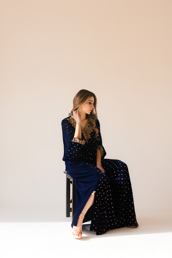 Sammy K | Velvet Festive Edit | Navy Blue Caftan by Sammy K - Designer Dress - Type: Ladies Clothes - Available at Libayah - 100% Original