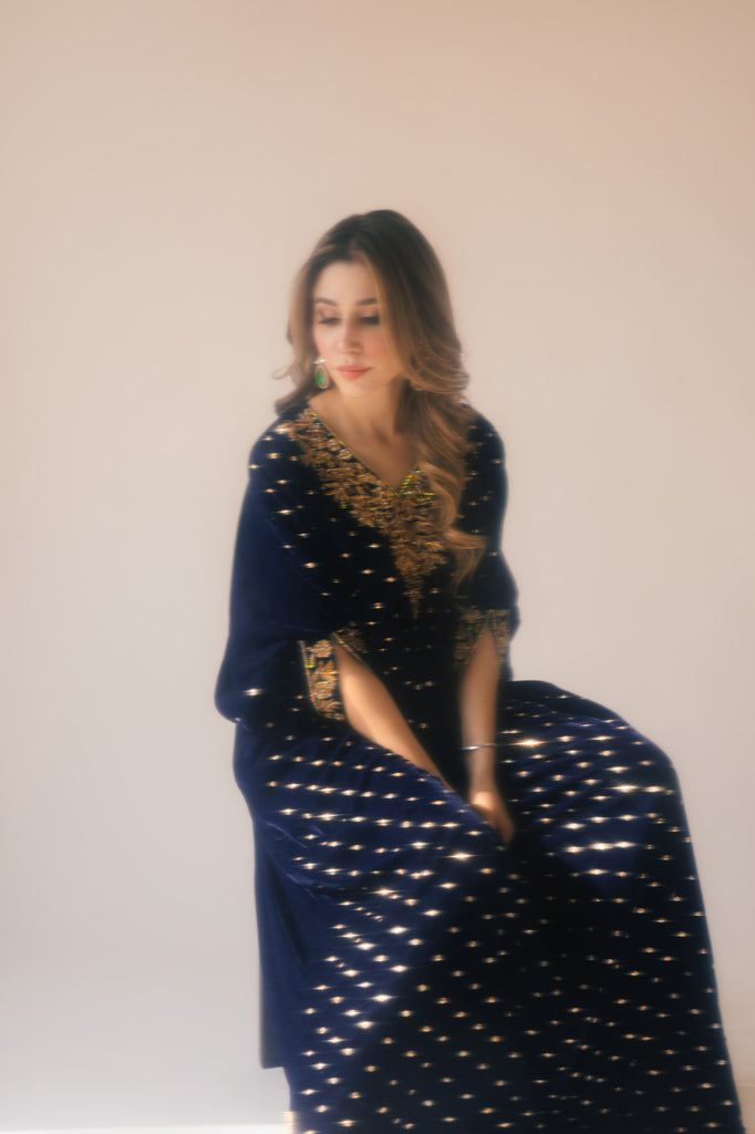 Sammy K | Velvet Festive Edit | Navy Blue Caftan by Sammy K - Designer Dress - Type: Ladies Clothes - Available at Libayah - 100% Original