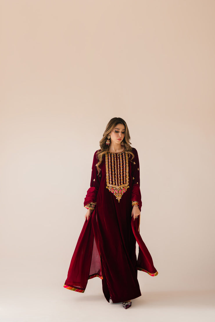 Sammy K | Velvet Festive Edit | Maroon Maxi velvet Outfit by Sammy K - Designer Dress - Type: Ladies Clothes - Available at Libayah - 100% Original