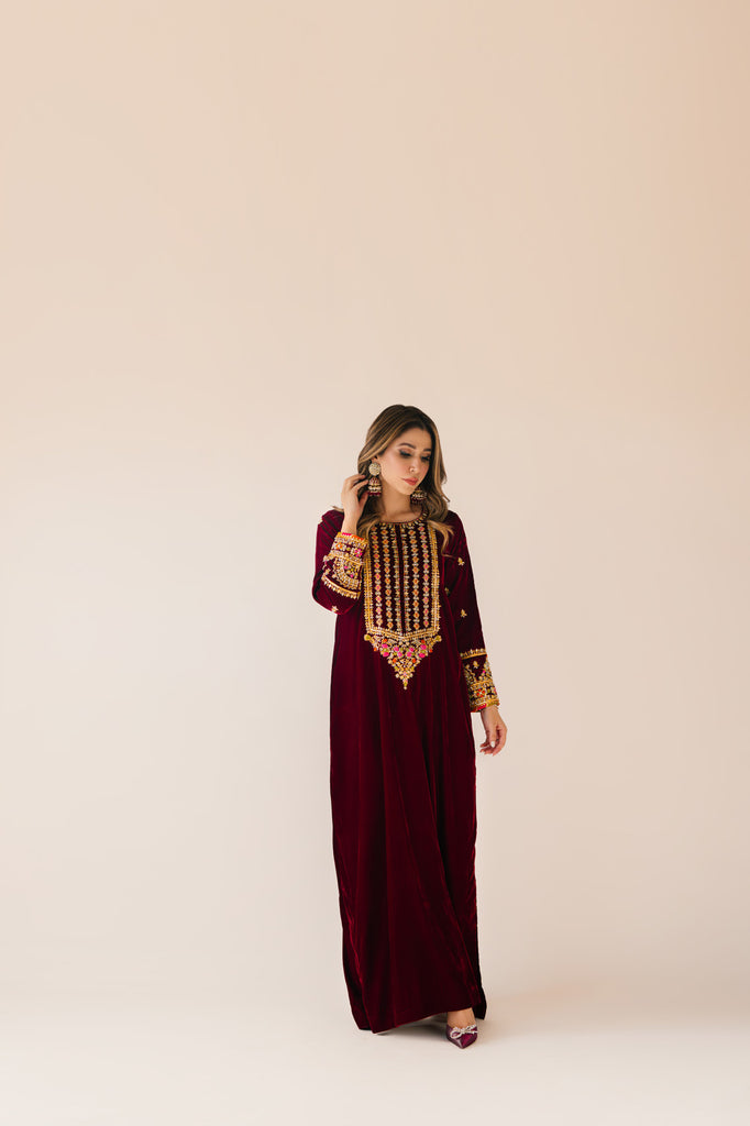 Sammy K | Velvet Festive Edit | Maroon Maxi velvet Outfit by Sammy K - Designer Dress - Type: Ladies Clothes - Available at Libayah - 100% Original