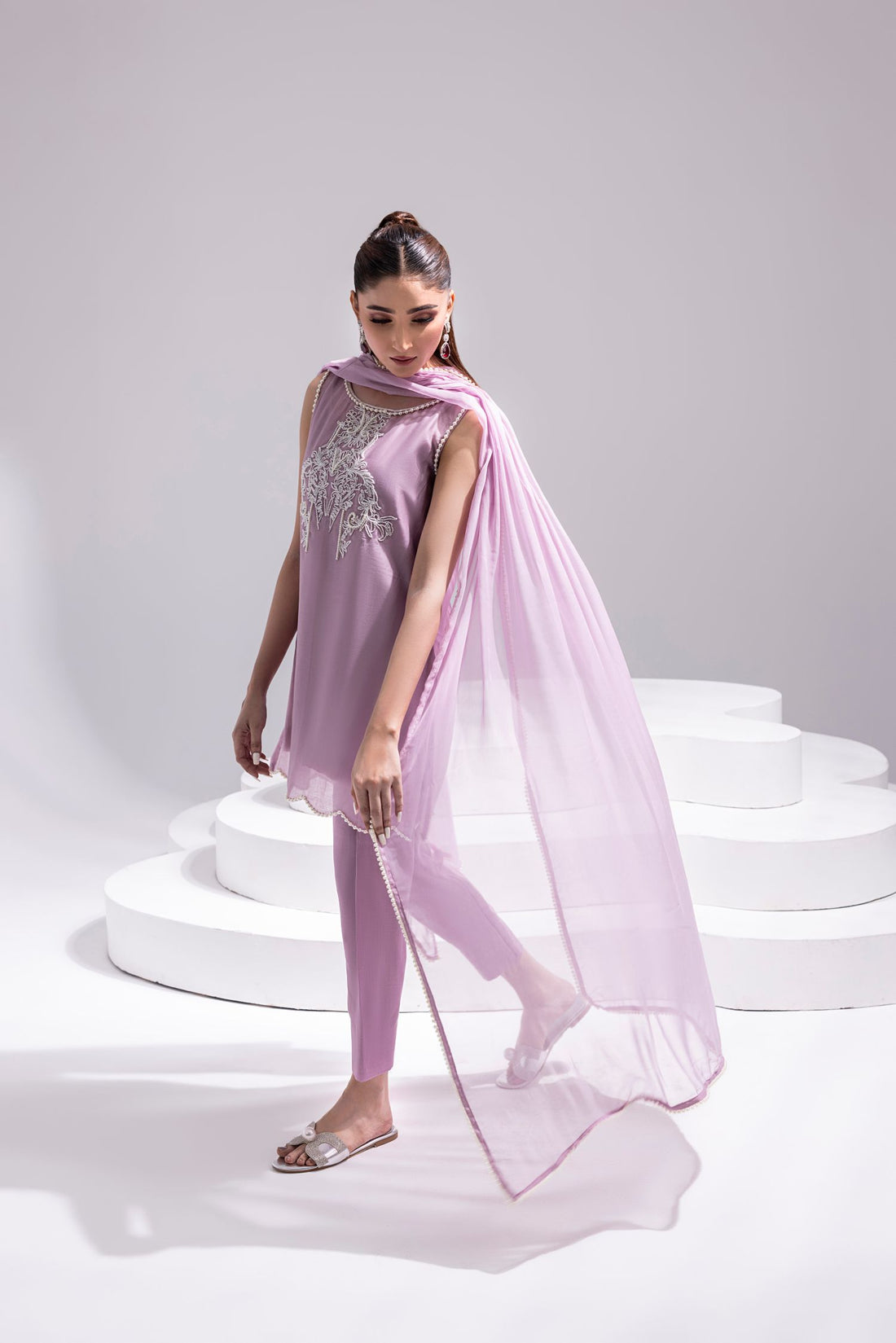 Amani | Aira Festive Wear | ZEEN Hand Embellished Short Shirt with Slim Fit Shalwar & Chiffon Dupatta by Amani - Designer Dress  - Type : Ladies Clothes - Available at Libayah - 100% Original 