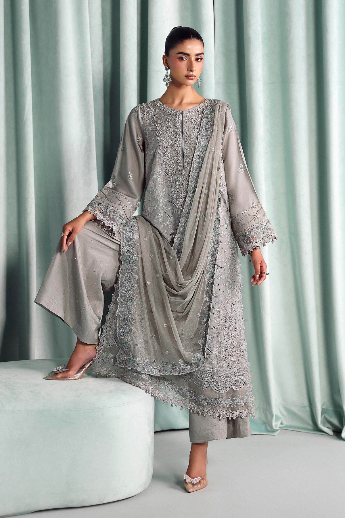 Maria B | Luxury Formals Pre Fall | SF-EA26-37-Grey by Maria B - Designer Dress  - Type : Ladies Clothes - Available at Libayah - 100% Original 