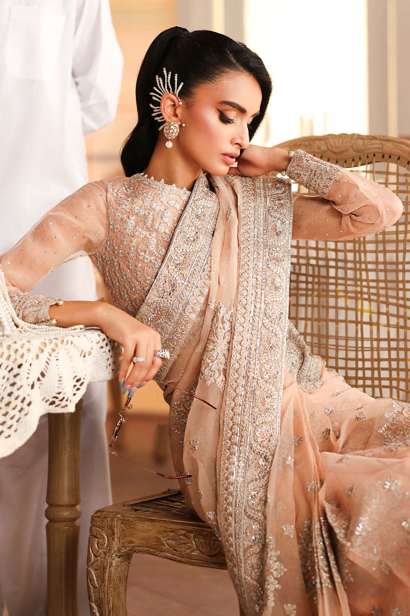 Maria B | Pre Fall Dresses | Embroidered Organza Saree Peach by Maria B - Designer Dress  - Type : Ladies Clothes - Available at Libayah - 100% Original 