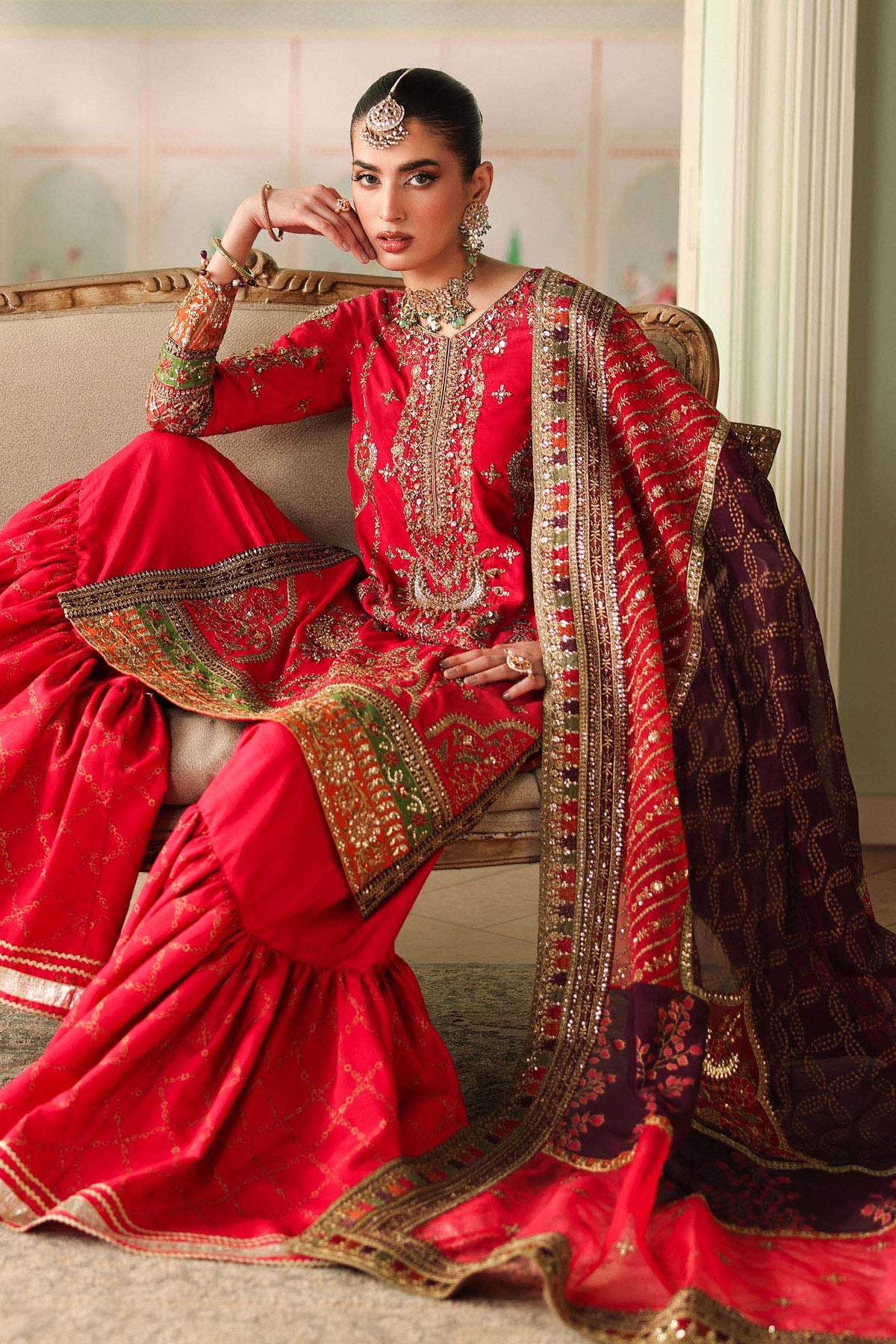 Maria B | Pre Fall Dresses | 3 Piece Embroidered Bamber Raw Silk Suit Carrot Pink by Maria B - Designer Dress  - Type : Ladies Clothes - Available at Libayah - 100% Original 