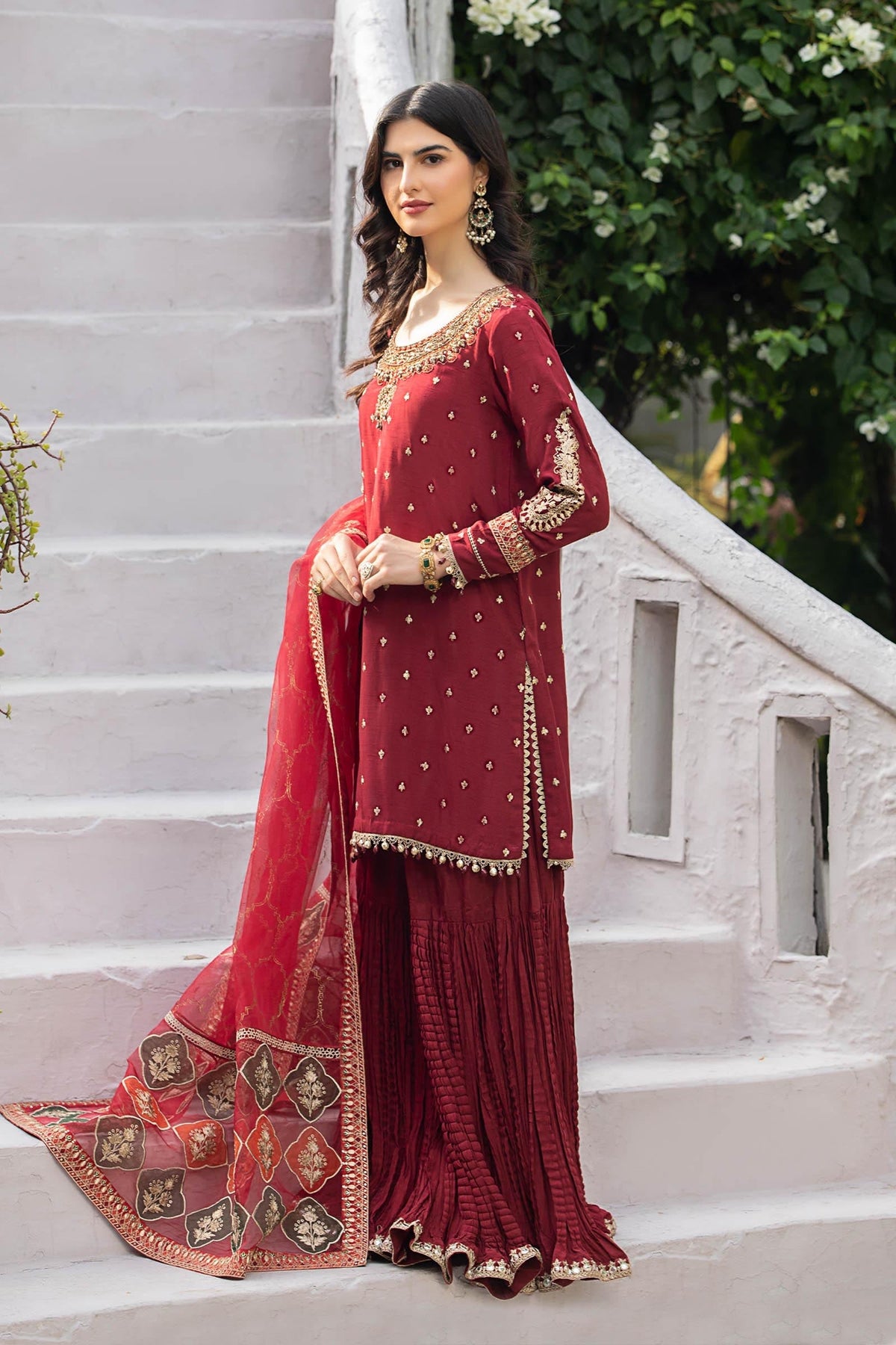 Maria B | Luxury Formals | SF-EA23-18R1-Maroon by Maria B - Designer Dress  - Type : Ladies Clothes - Available at Libayah - 100% Original 