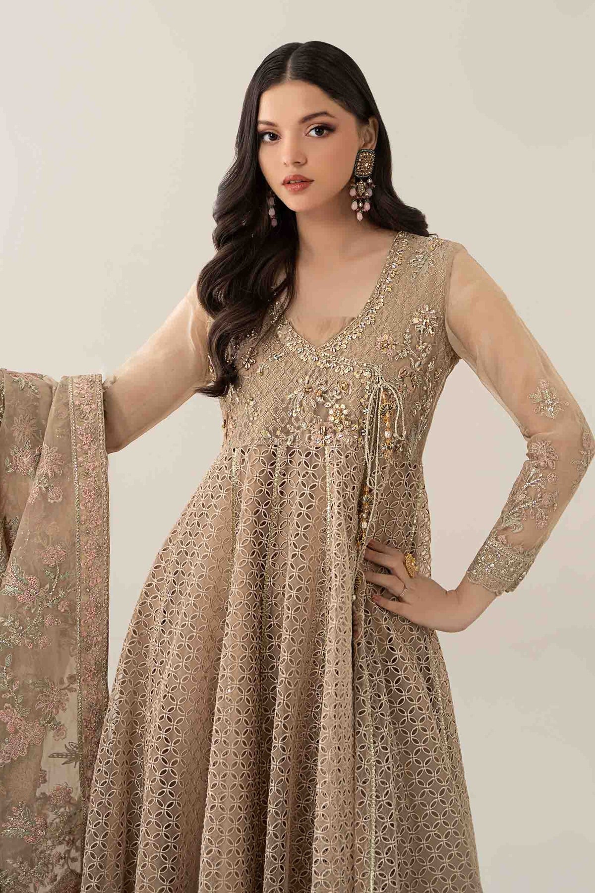 Maria B | Pre Fall Dresses | 3 Piece Embroidered Organza Suit Beige by Maria B - Designer Dress  - Type : Ladies Clothes - Available at Libayah - 100% Original 
