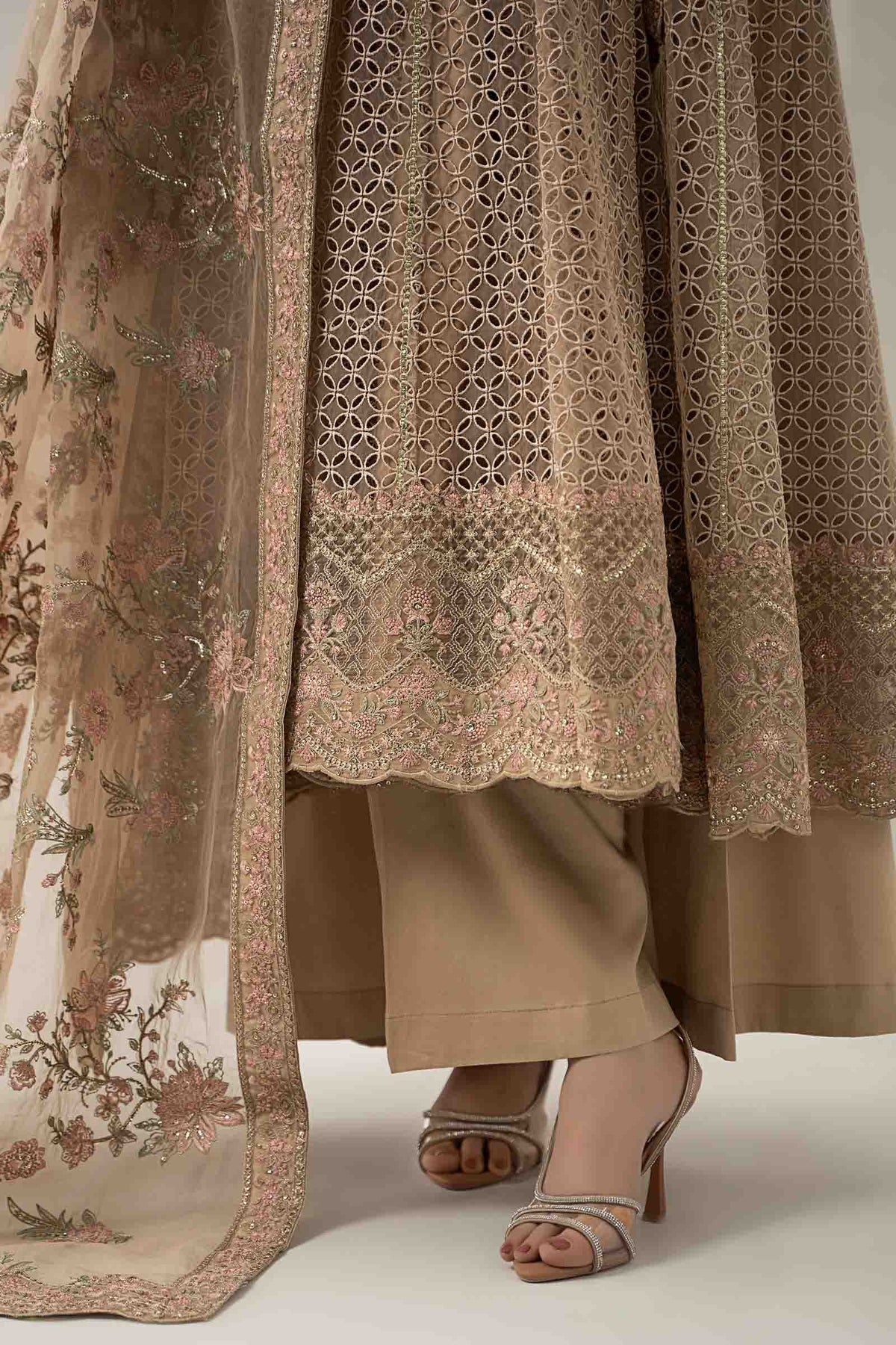 Maria B | Pre Fall Dresses | 3 Piece Embroidered Organza Suit Beige by Maria B - Designer Dress  - Type : Ladies Clothes - Available at Libayah - 100% Original 