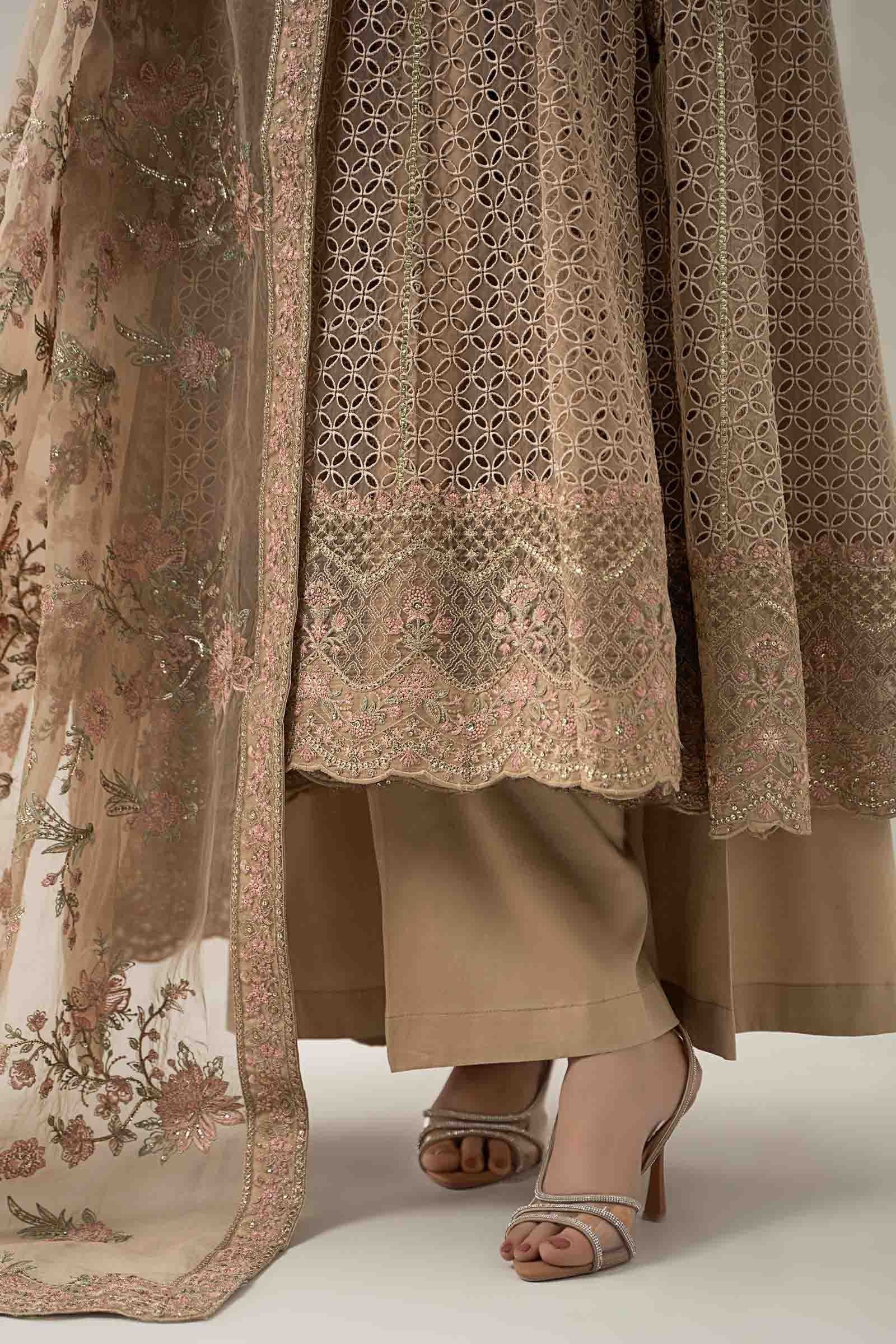 Maria B | Pre Fall Dresses | 3 Piece Embroidered Organza Suit Beige by Maria B - Designer Dress  - Type : Ladies Clothes - Available at Libayah - 100% Original 