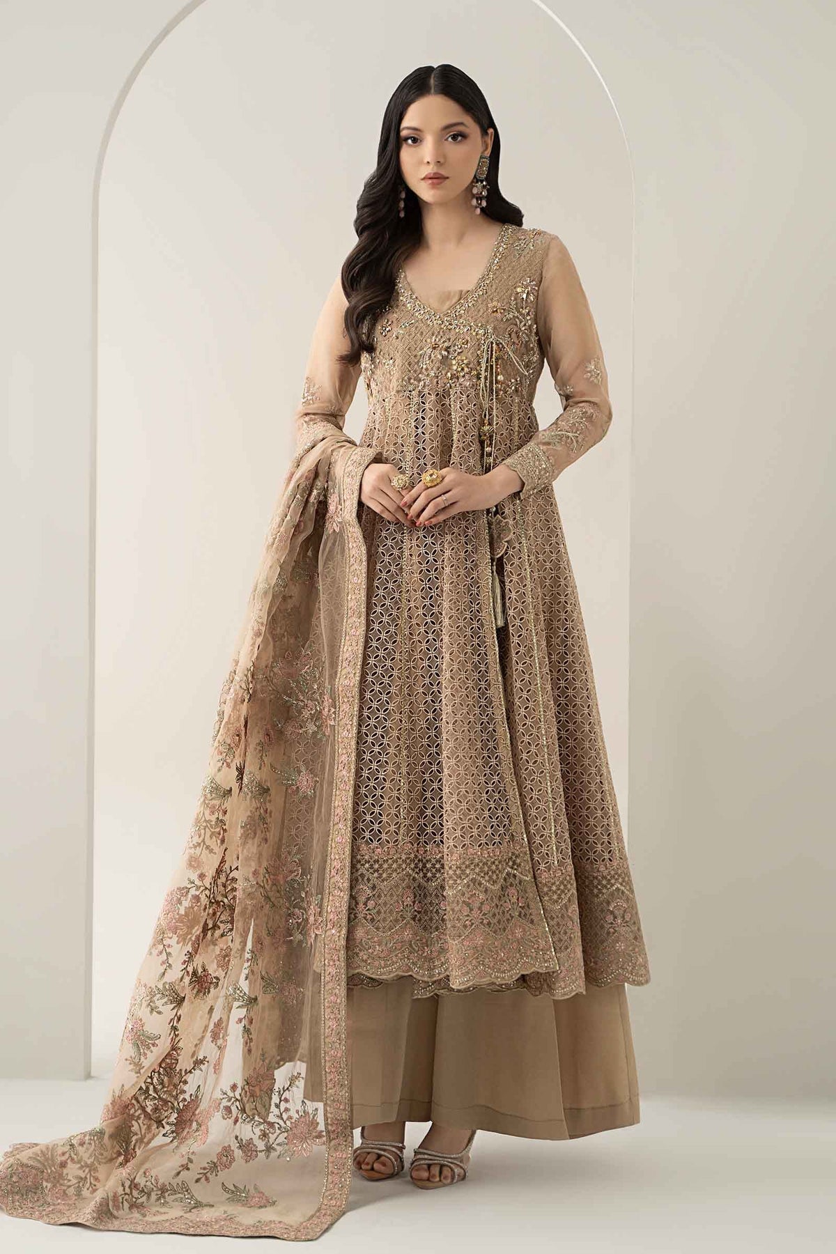 Maria B | Pre Fall Dresses | 3 Piece Embroidered Organza Suit Beige by Maria B - Designer Dress  - Type : Ladies Clothes - Available at Libayah - 100% Original 