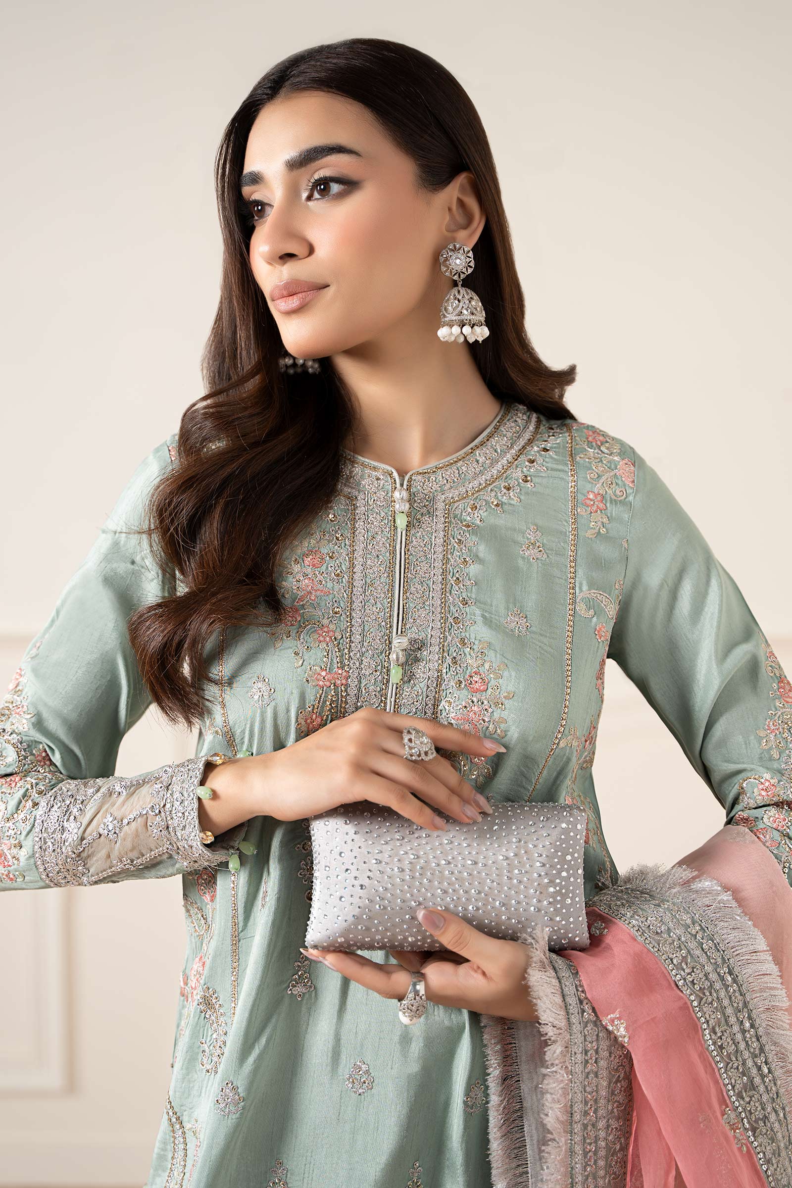 Maria B | Pre Fall Dresses | 3 Piece Embroidered Raw Silk Suit Sea Green by Maria B - Designer Dress  - Type : Ladies Clothes - Available at Libayah - 100% Original 