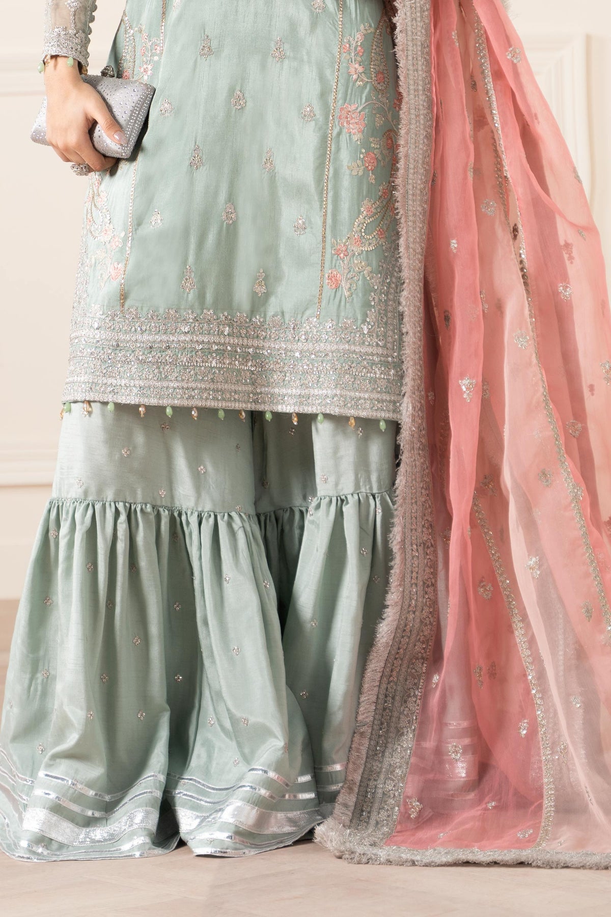 Maria B | Pre Fall Dresses | 3 Piece Embroidered Raw Silk Suit Sea Green by Maria B - Designer Dress  - Type : Ladies Clothes - Available at Libayah - 100% Original 
