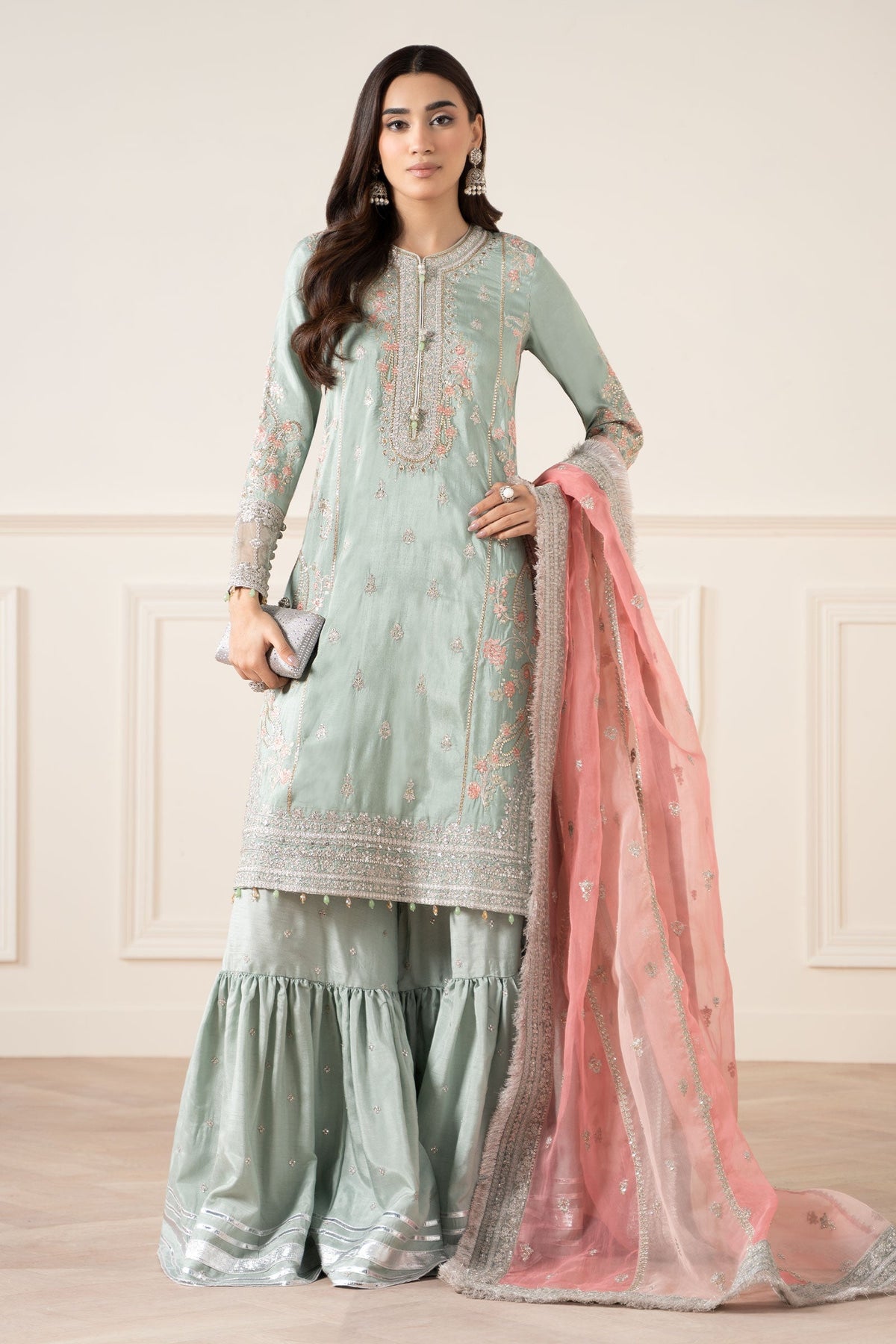 Maria B | Pre Fall Dresses | 3 Piece Embroidered Raw Silk Suit Sea Green by Maria B - Designer Dress  - Type : Ladies Clothes - Available at Libayah - 100% Original 