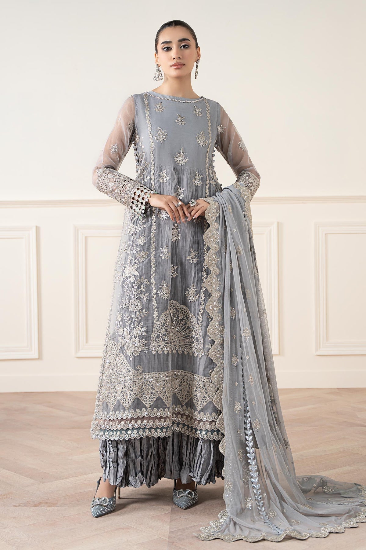 Maria B | Pre Fall Dresses | 3 Piece Embroidered Organza Suit Gray by Maria B - Designer Dress  - Type : Ladies Clothes - Available at Libayah - 100% Original 