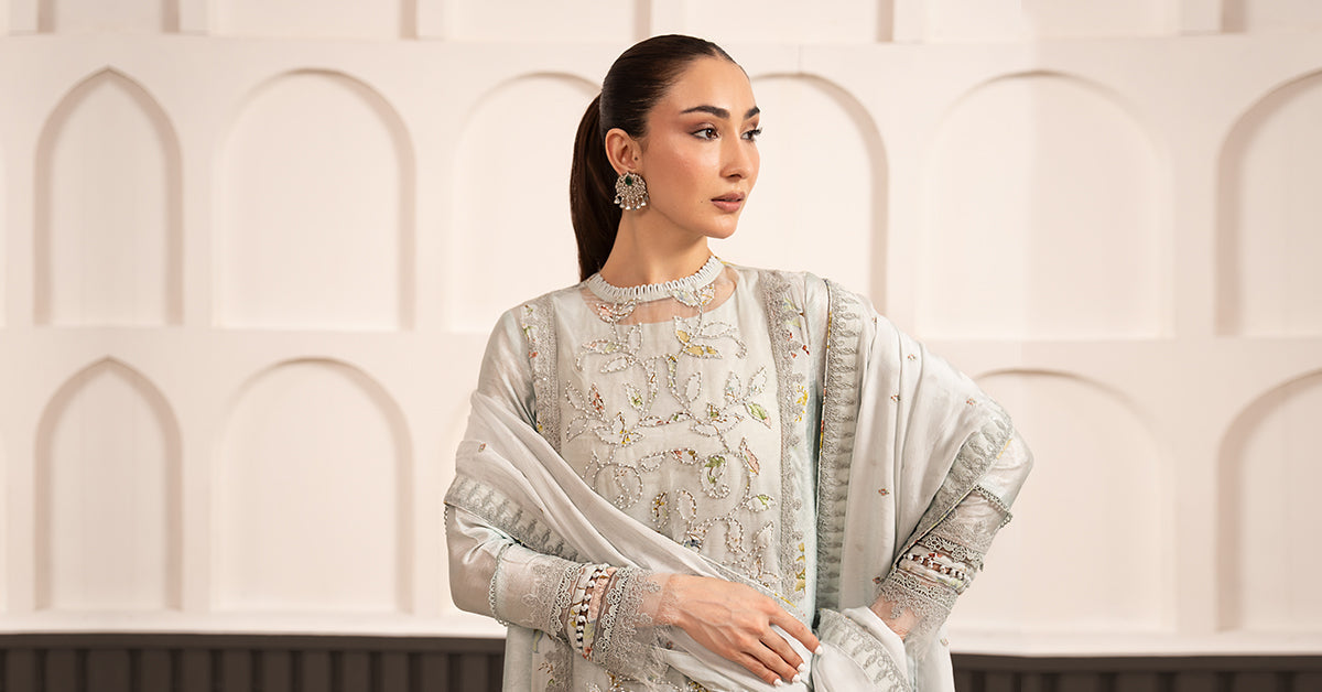 Maria B | Luxury Formals Pre Fall | SF-EA26-24-Ice Blue by Maria B - Designer Dress  - Type : Ladies Clothes - Available at Libayah - 100% Original 