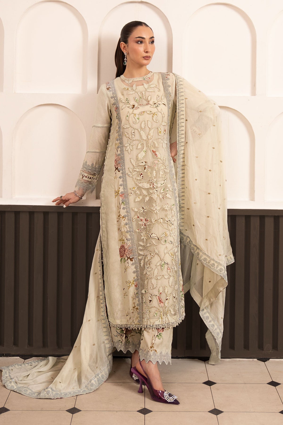 Maria B | Luxury Formals Pre Fall | SF-EA26-24-Light Yellow by Maria B - Designer Dress  - Type : Ladies Clothes - Available at Libayah - 100% Original 