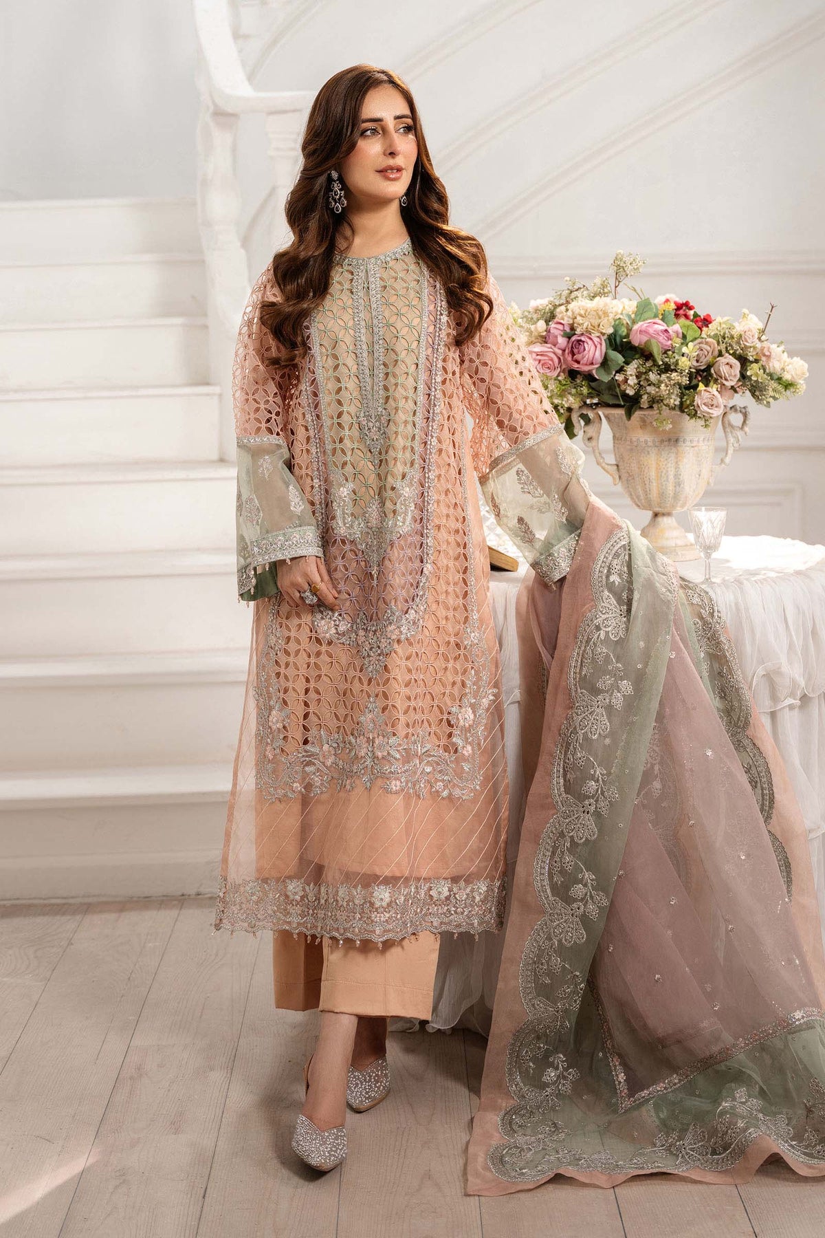 Maria B | Pre Fall Dresses | 3 Piece Embroidered Organza Suit Peach by Maria B - Designer Dress  - Type : Ladies Clothes - Available at Libayah - 100% Original 
