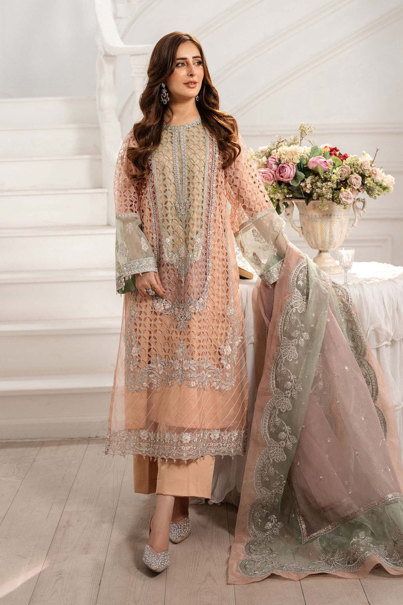 Maria B | Pre Fall Dresses | 3 Piece Embroidered Organza Suit Peach by Maria B - Designer Dress  - Type : Ladies Clothes - Available at Libayah - 100% Original 