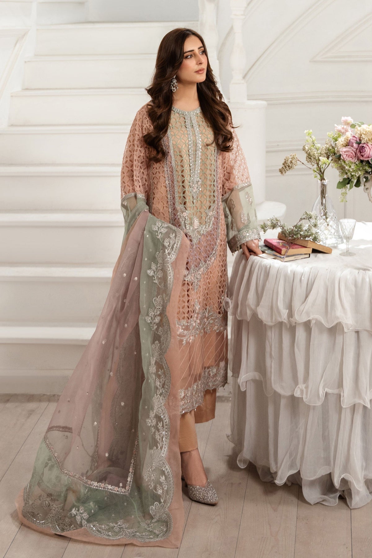 Maria B | Pre Fall Dresses | 3 Piece Embroidered Organza Suit Peach by Maria B - Designer Dress  - Type : Ladies Clothes - Available at Libayah - 100% Original 
