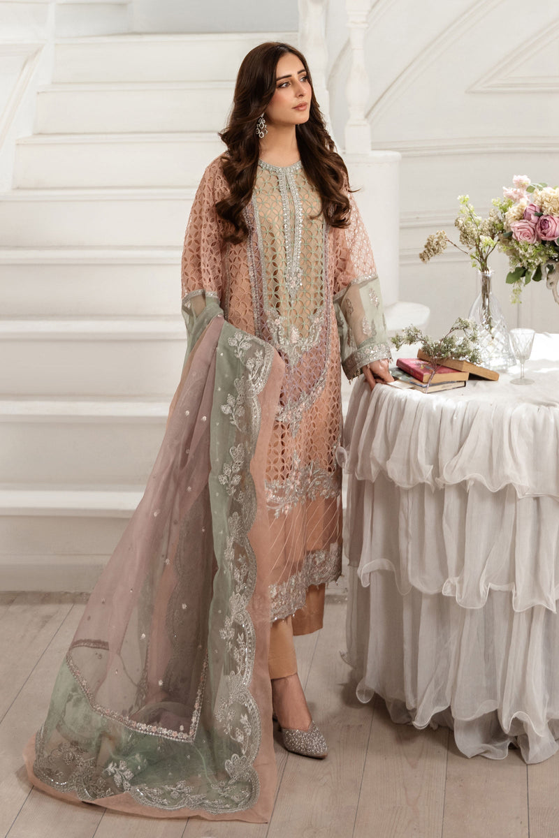 Maria B | Pre Fall Dresses | 3 Piece Embroidered Organza Suit Peach by Maria B - Designer Dress  - Type : Ladies Clothes - Available at Libayah - 100% Original 
