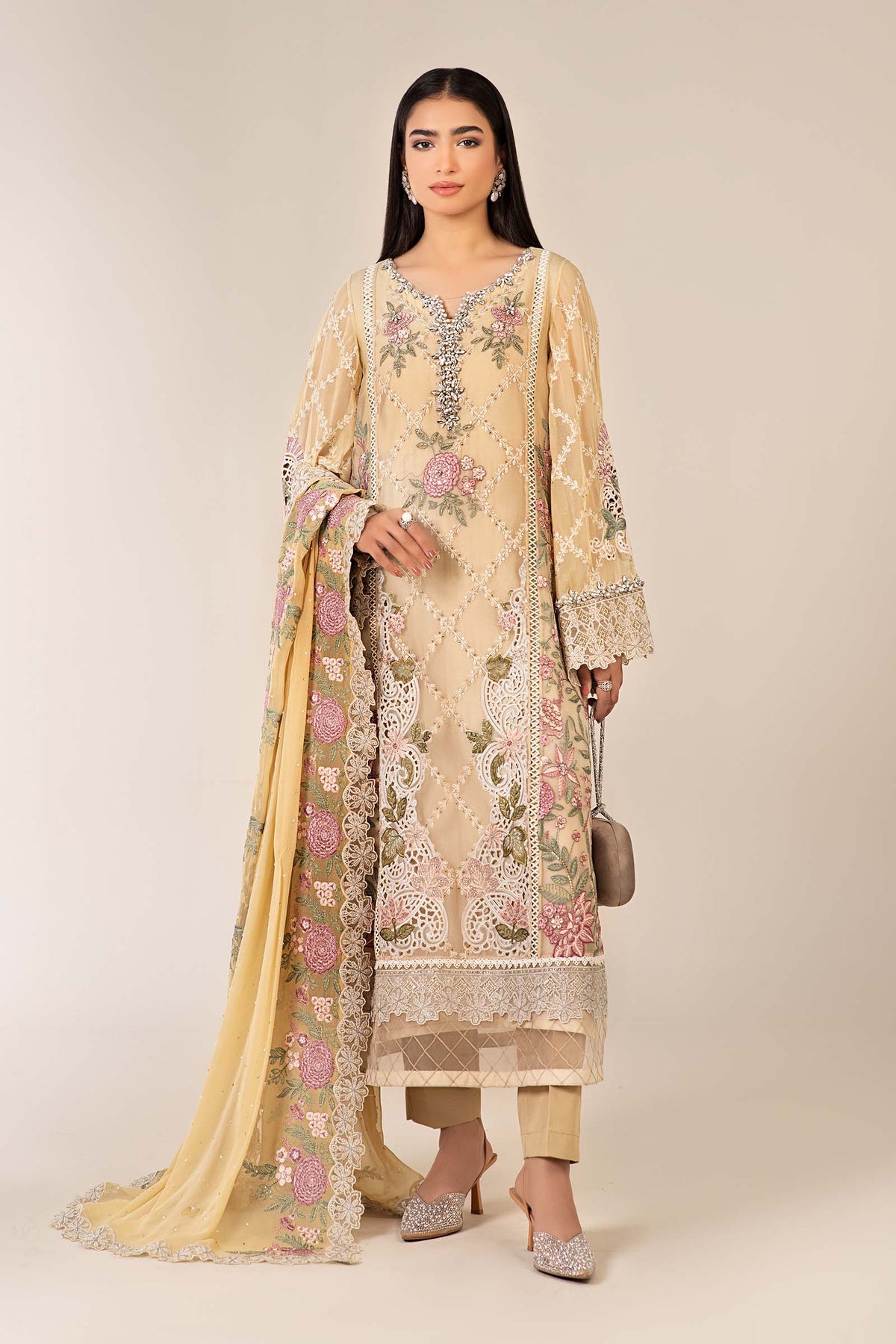 Maria B | Pre Fall Dresses | 3 Piece Embroidered Chiffon Suit Yellow by Maria B - Designer Dress  - Type : Ladies Clothes - Available at Libayah - 100% Original 