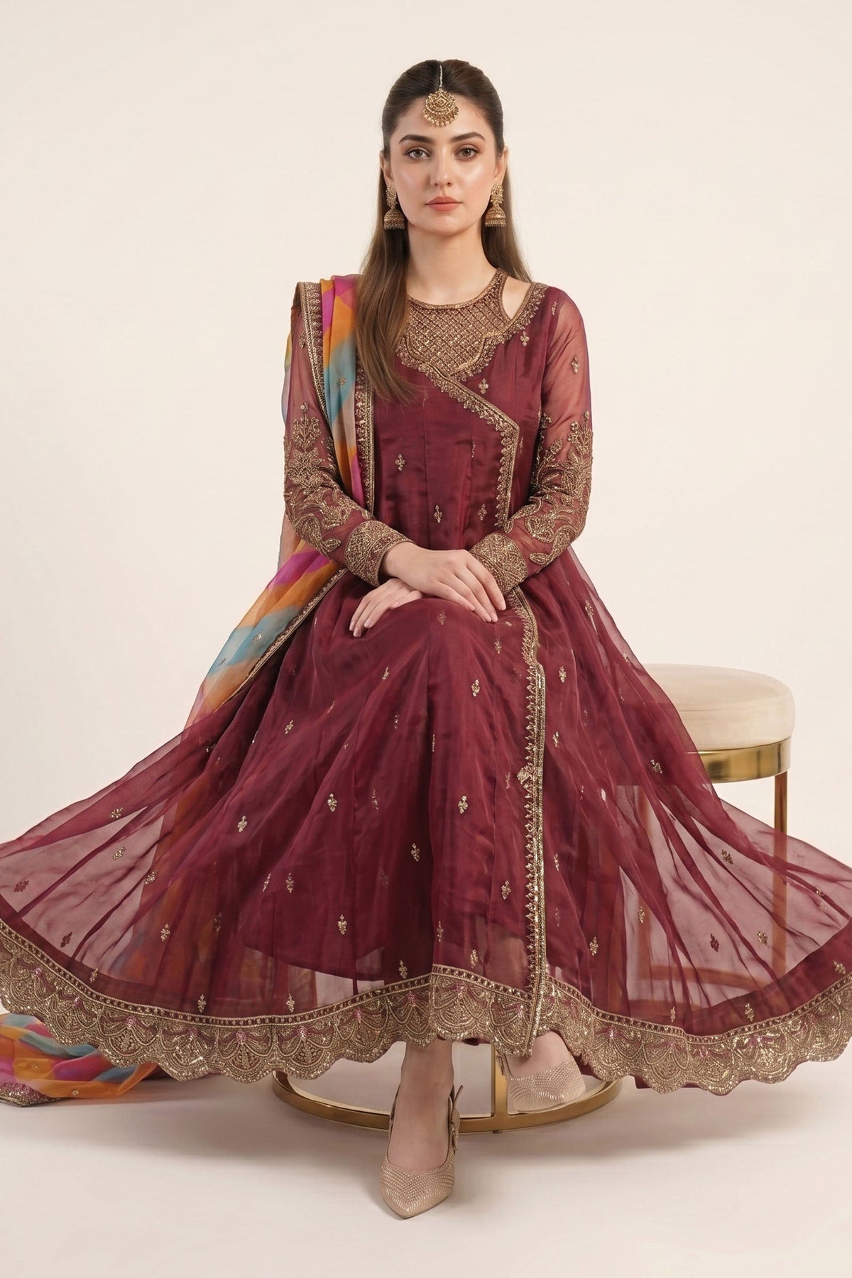 Maria B | Luxury Formals | SF-EF26-08-Maroon by Maria B - Designer Dress  - Type : Ladies Clothes - Available at Libayah - 100% Original 