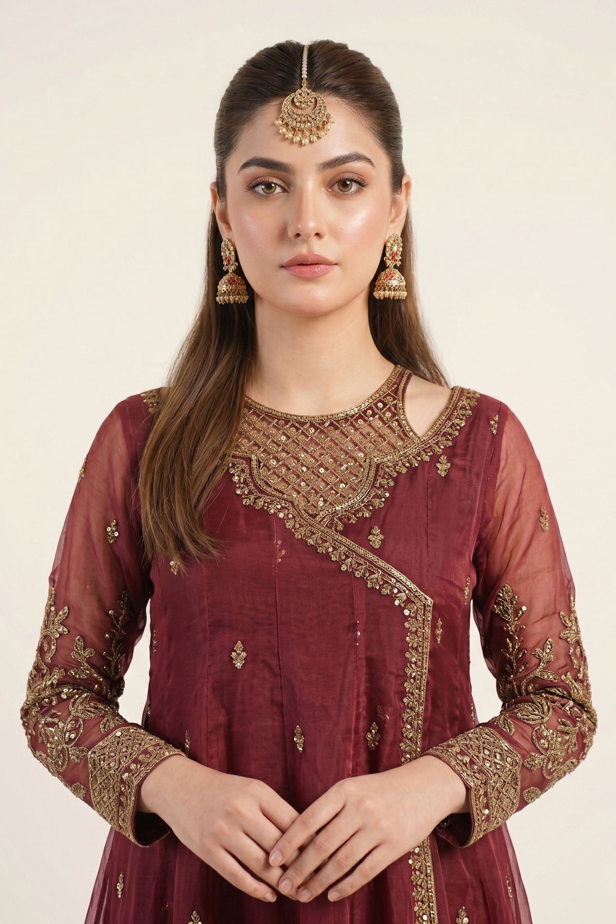 Maria B | Luxury Formals | SF-EF26-08-Maroon by Maria B - Designer Dress  - Type : Ladies Clothes - Available at Libayah - 100% Original 