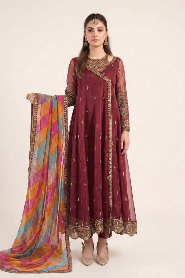 Maria B | Luxury Formals | SF-EF26-08-Maroon by Maria B - Designer Dress  - Type : Ladies Clothes - Available at Libayah - 100% Original 
