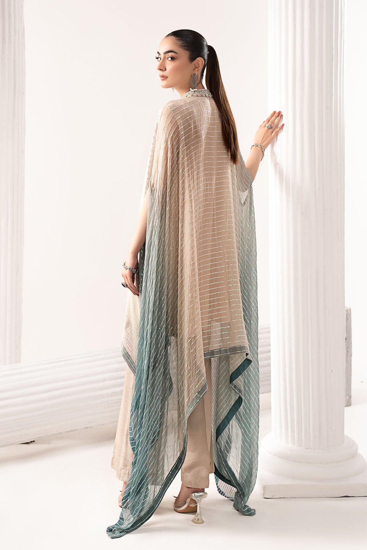Maria B | Luxury Formals | SF-EF26-11-Beige and Green by Maria B - Designer Dress  - Type : Ladies Clothes - Available at Libayah - 100% Original 