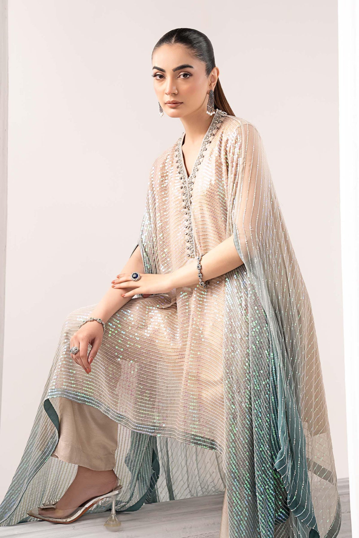 Maria B | Luxury Formals | SF-EF26-11-Beige and Green by Maria B - Designer Dress  - Type : Ladies Clothes - Available at Libayah - 100% Original 
