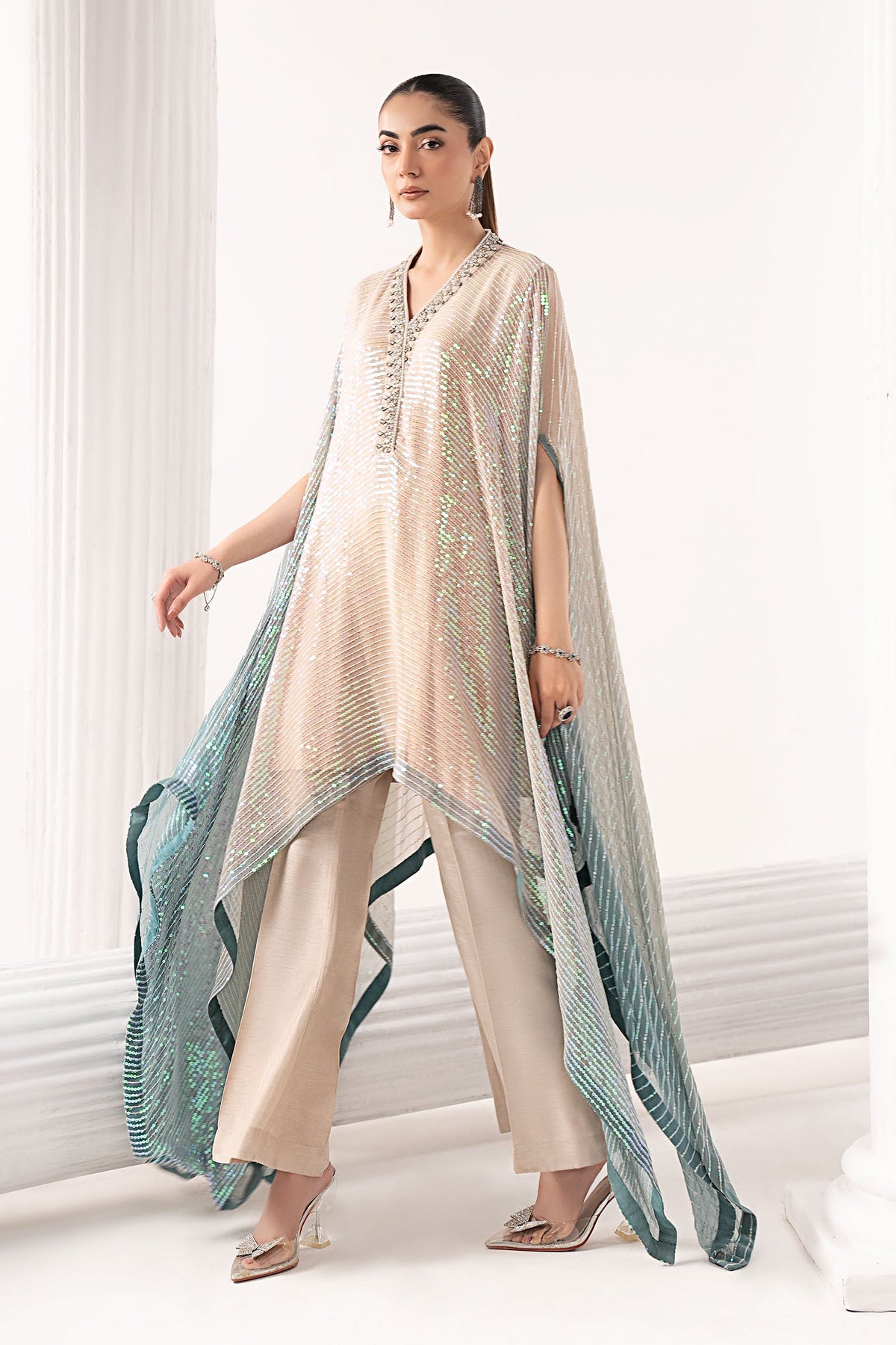 Maria B | Luxury Formals | SF-EF26-11-Beige and Green by Maria B - Designer Dress  - Type : Ladies Clothes - Available at Libayah - 100% Original 