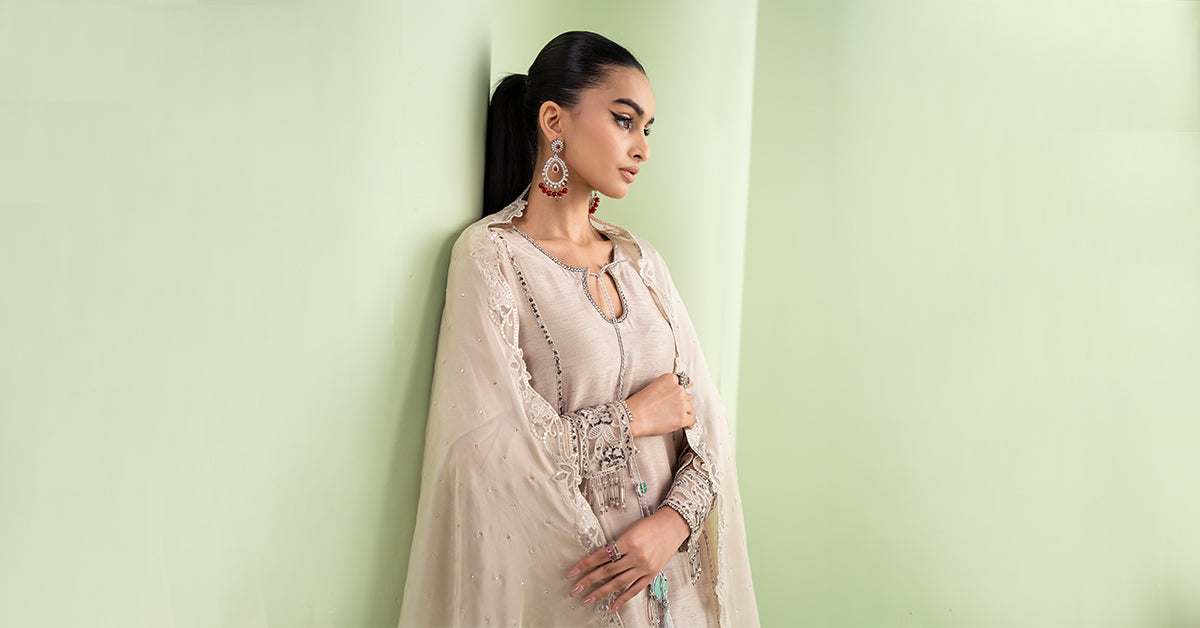 Maria B | Luxury Formals | SF-EF26-63-BEIGE by Maria B - Designer Dress  - Type : Ladies Clothes - Available at Libayah - 100% Original 