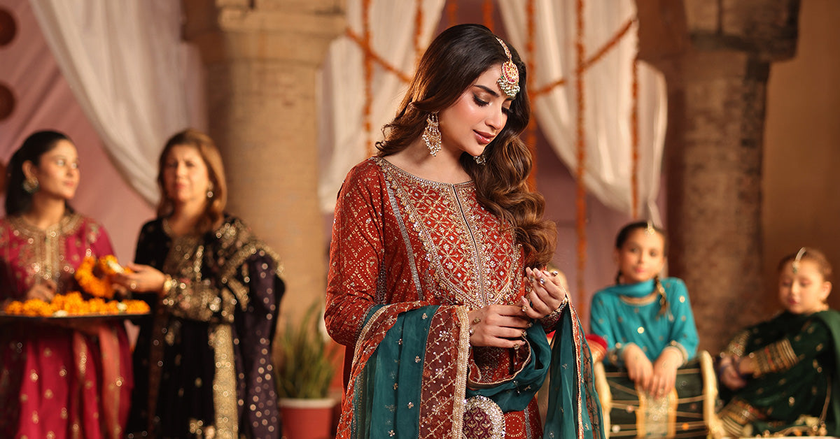 Maria B | Luxury Formals Pre Fall | SF-W25-08R1-Rust by Maria B - Designer Dress  - Type : Ladies Clothes - Available at Libayah - 100% Original 