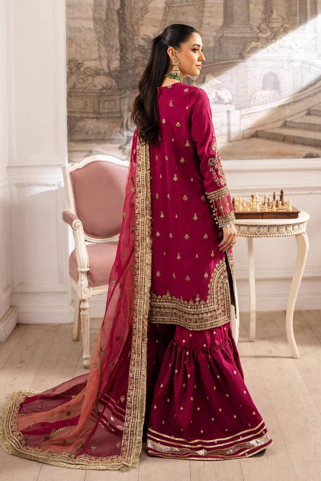 Maria B | Pre Fall Dresses | 3 Piece Embroidered Raw Silk Suit Redish Pink by Maria B - Designer Dress  - Type : Ladies Clothes - Available at Libayah - 100% Original 