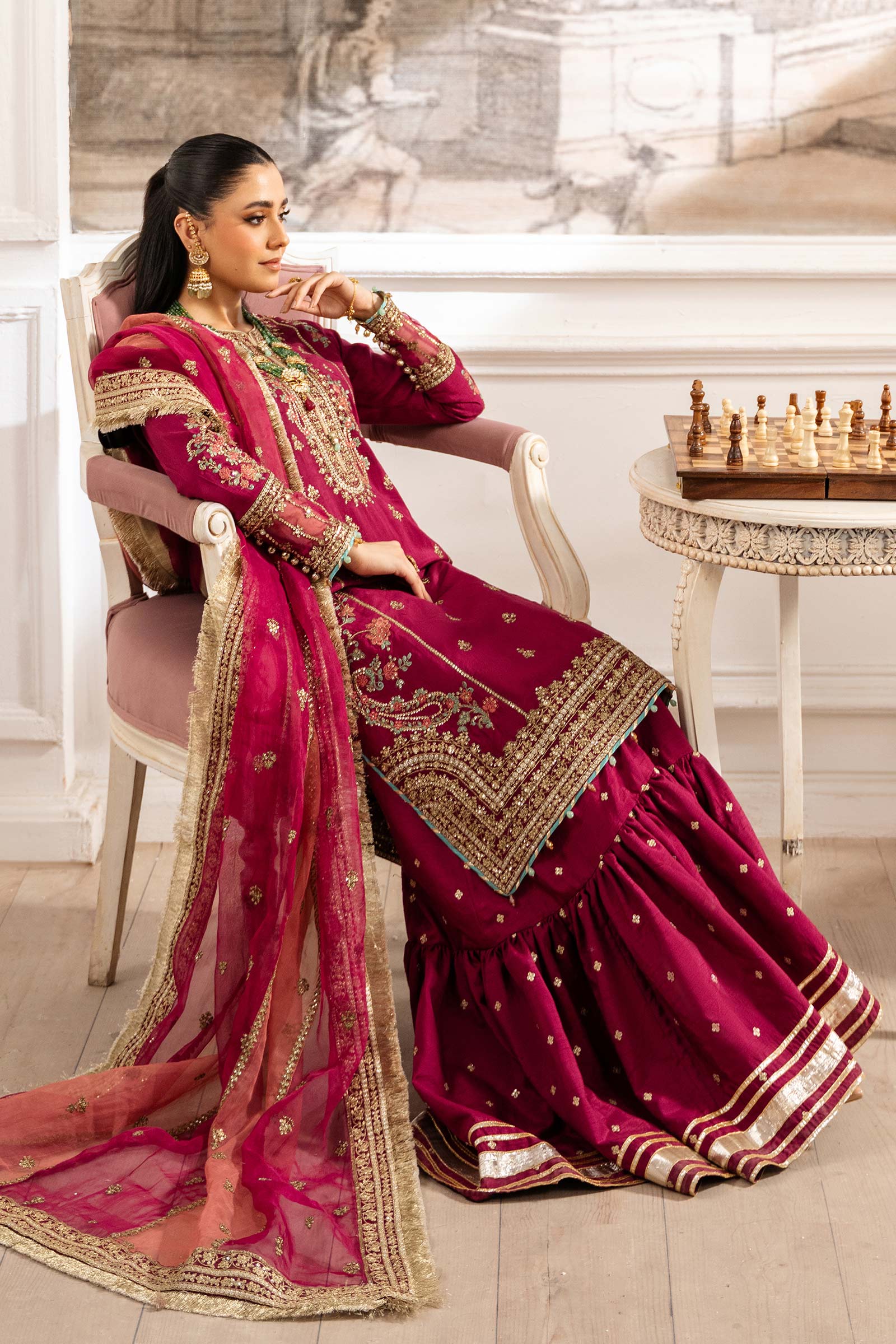 Maria B | Pre Fall Dresses | 3 Piece Embroidered Raw Silk Suit Redish Pink by Maria B - Designer Dress  - Type : Ladies Clothes - Available at Libayah - 100% Original 