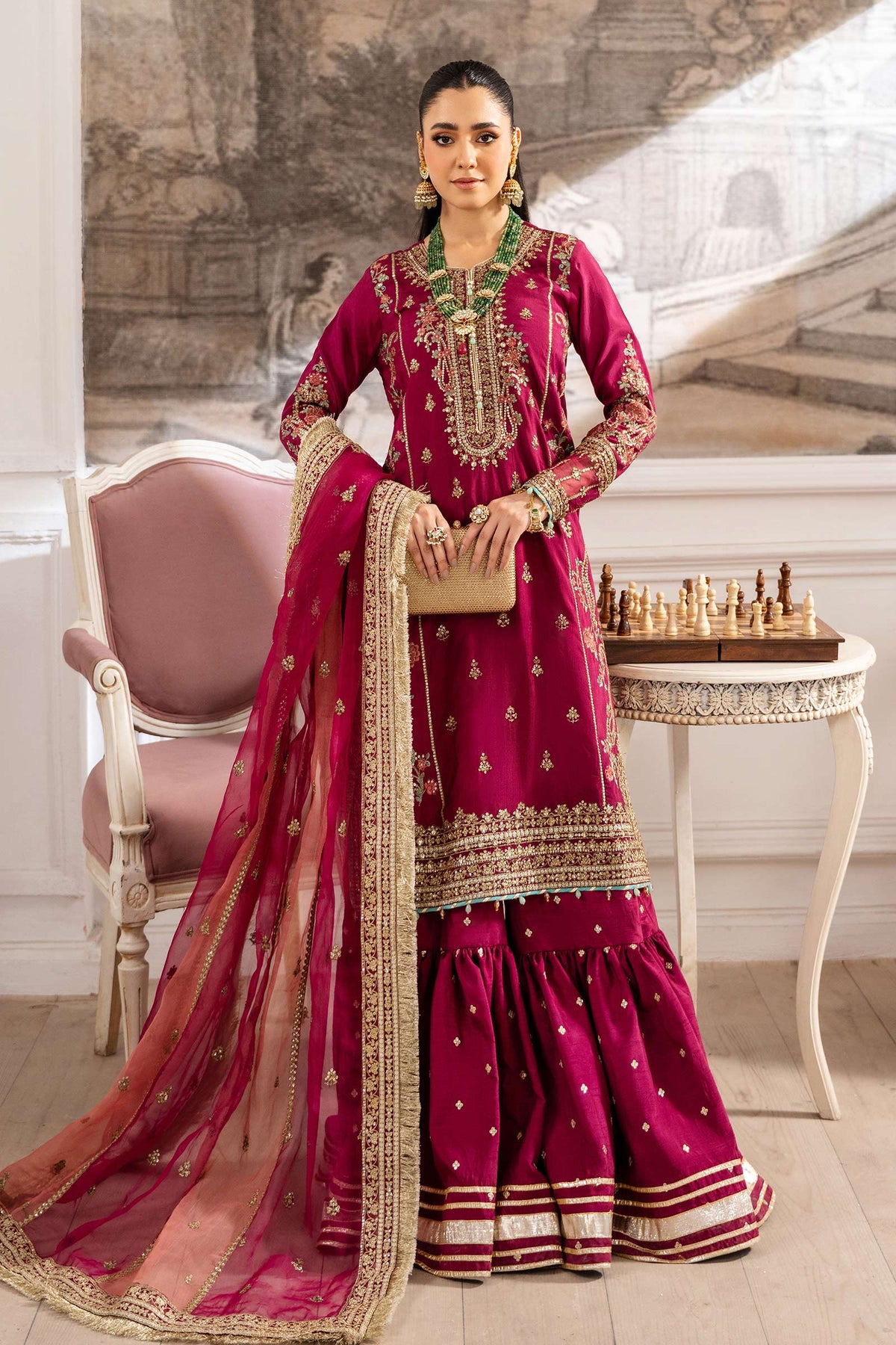 Maria B | Pre Fall Dresses | 3 Piece Embroidered Raw Silk Suit Redish Pink by Maria B - Designer Dress  - Type : Ladies Clothes - Available at Libayah - 100% Original 